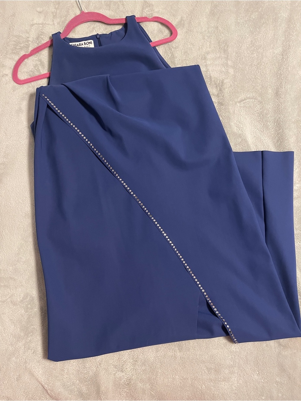 Chiara Boni Royal Blue Halter-Style Formal Maxi Gown w Beaded Slit Event Design - Picture 7 of 10
